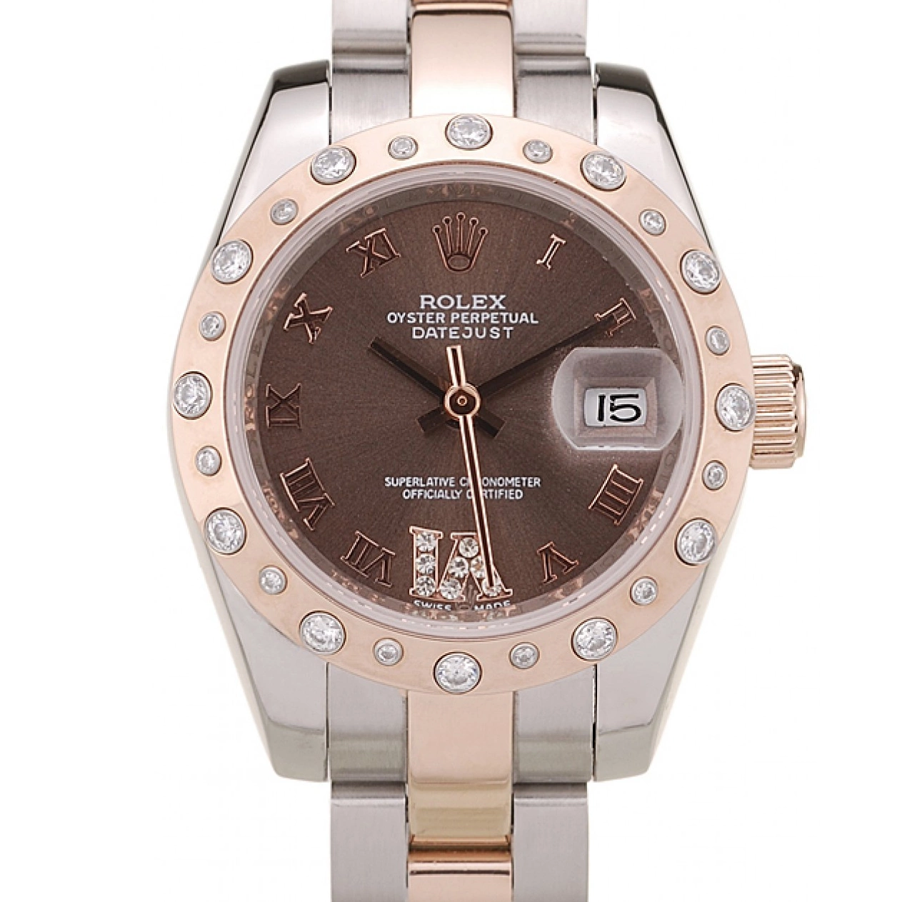 Aaa fake watches Case Brushed DateJust Diamond Plated Brown Stainless Dial Rolex Steel 0822